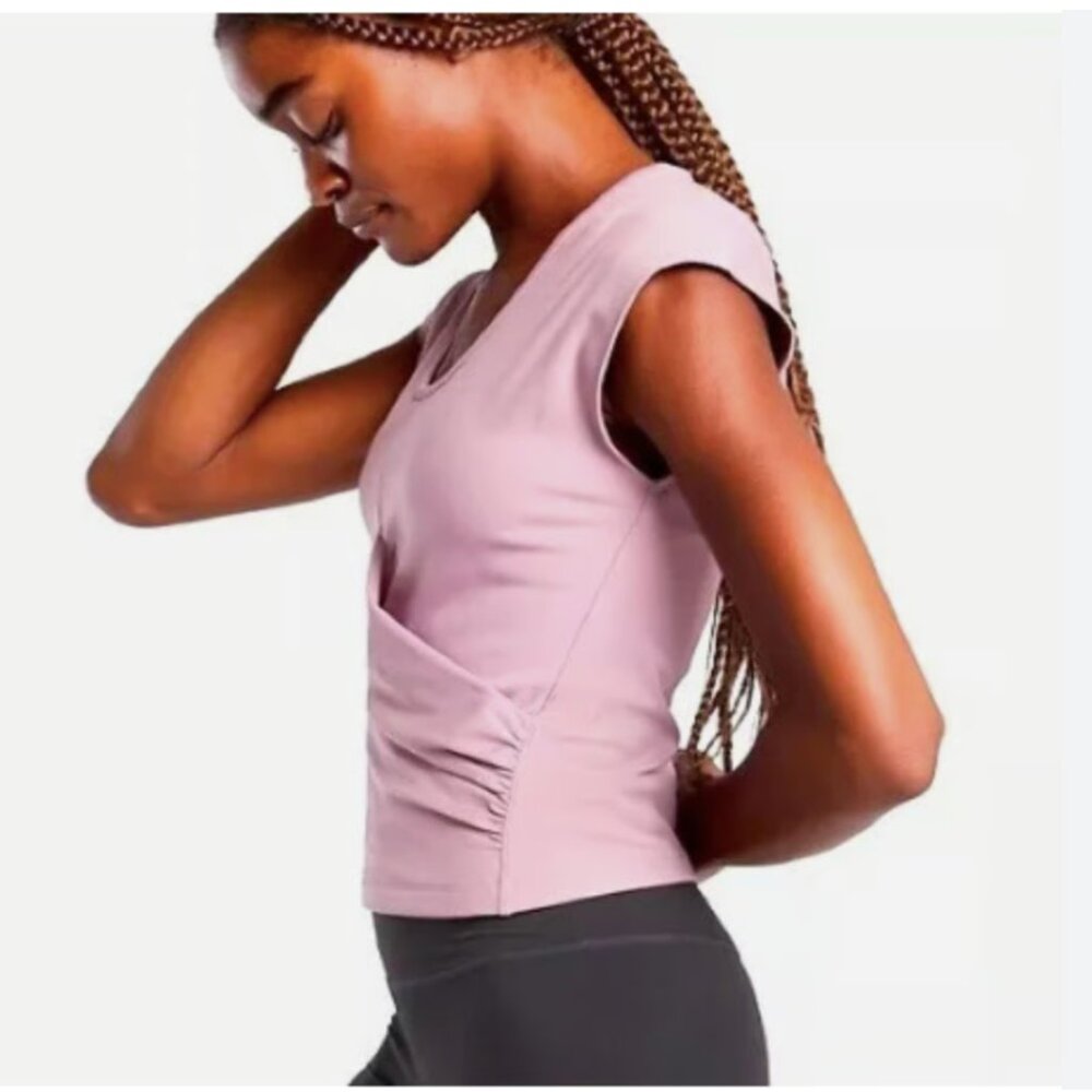 Athleta Bayview Faux Wrap Front Capped Sleeve Tee Dusty Pink Mauve